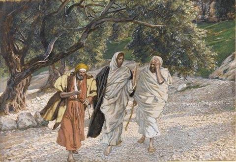 Two disciples flanking Jesus and walking on a rough road beside an olive grove